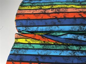 Bomuldsjersey - stribede regnbuefarver og sorte aftryk